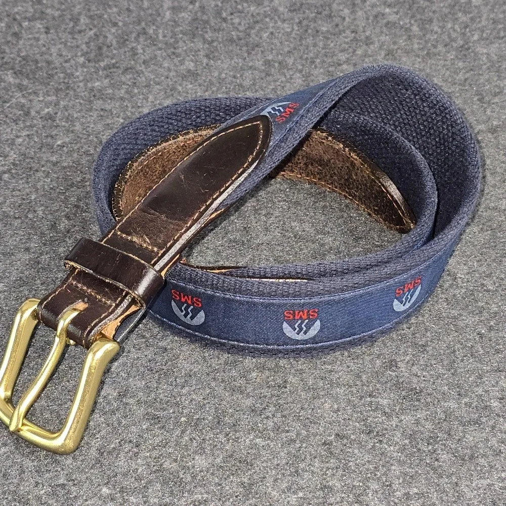 Vineyard Vines Belt Mens Size 30 Blue SMS Logo‎ Ribbon Leather Brass Buckle USA